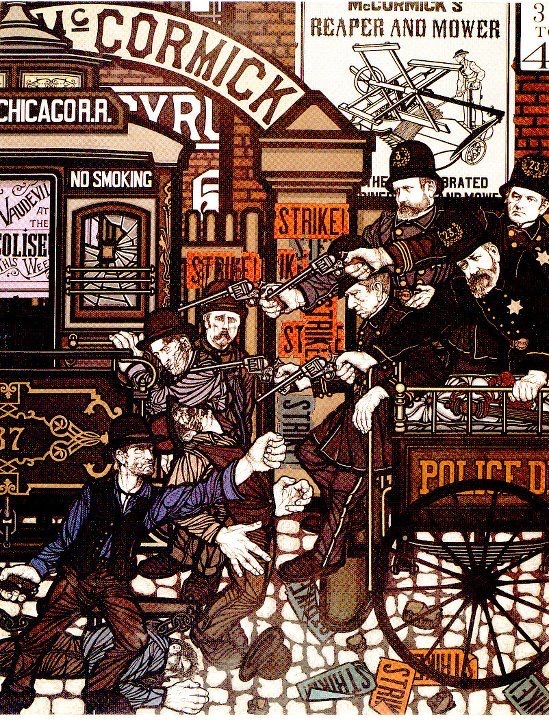 Ilustración "Chicago - 3 mai 1886" de Flavio Costantini,1974. 